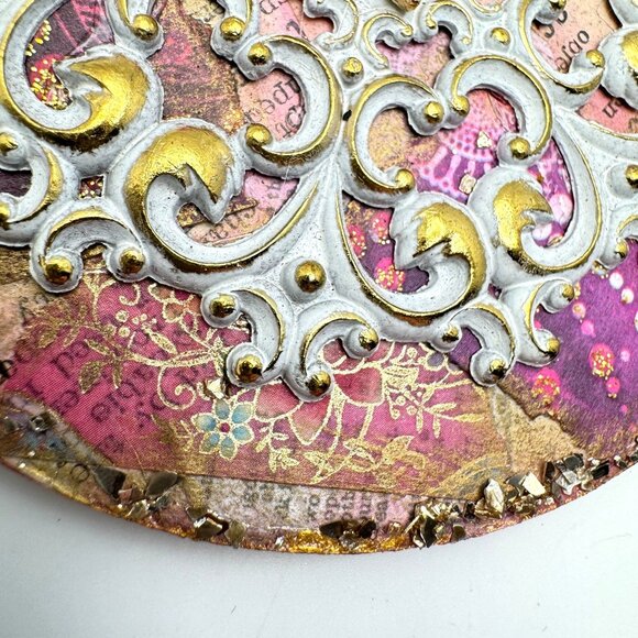 Handcrafted Ornament OOAK Collage Gold White Pink Purple Accents 3" Ribbon - Picture 8 of 11
